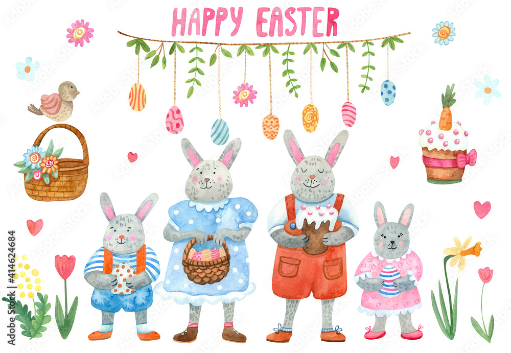 Obraz premium Easter watercolor set. Smiling rabbit family or bunnies with eggs, cake, garland, basket. Hand painted watercolor illustration isolated on white. Great for Easter design, posters, greeting cards.