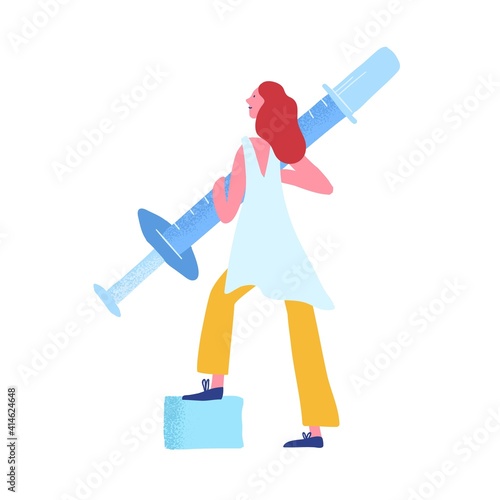 Woman holding injection syringe with drug or vaccine. Concept of breakthrough and achievement of medical science in virus and infection treatment. Flat vector illustration isolated on white background