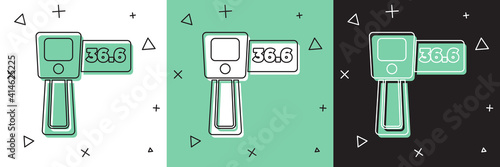 Set Digital contactless thermometer with infrared light icon isolated on white and green, black background. Vector.