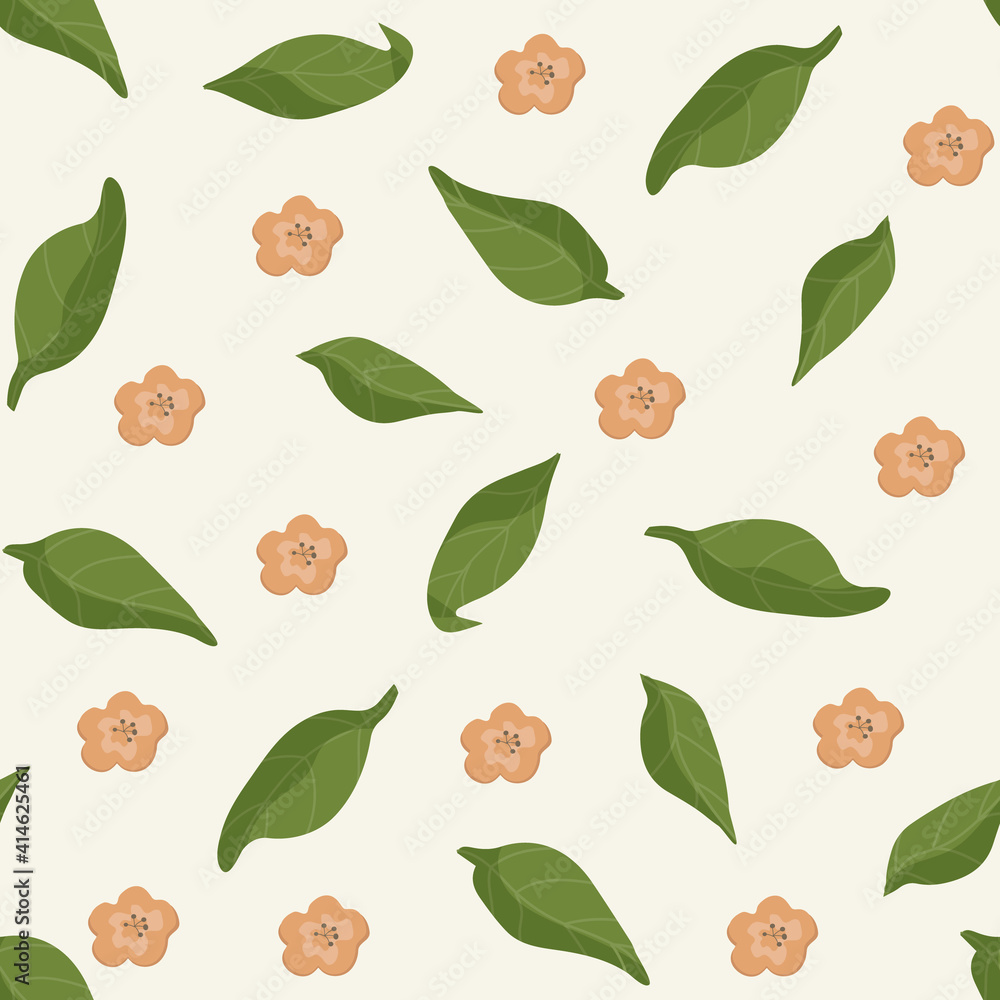 Spring or summer botanical seamless pattern. Delicate flowers and tree leaves. Apple tree, cherry tree or sakura. For paper, cover, fabric, gift wrap. vector illustration Spring or summer botanical seamless pattern. Delicate flowers and tree leaves. Apple tree, cherry tree or sakura. For paper, cover, fabric, gift wrap. vector illustration