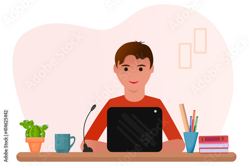 The guy sits at the table and works on a laptop. Office worker. Work from home. Online chat. Communication with a client through a microphone. Support, help, call center. Flat cartoon style.