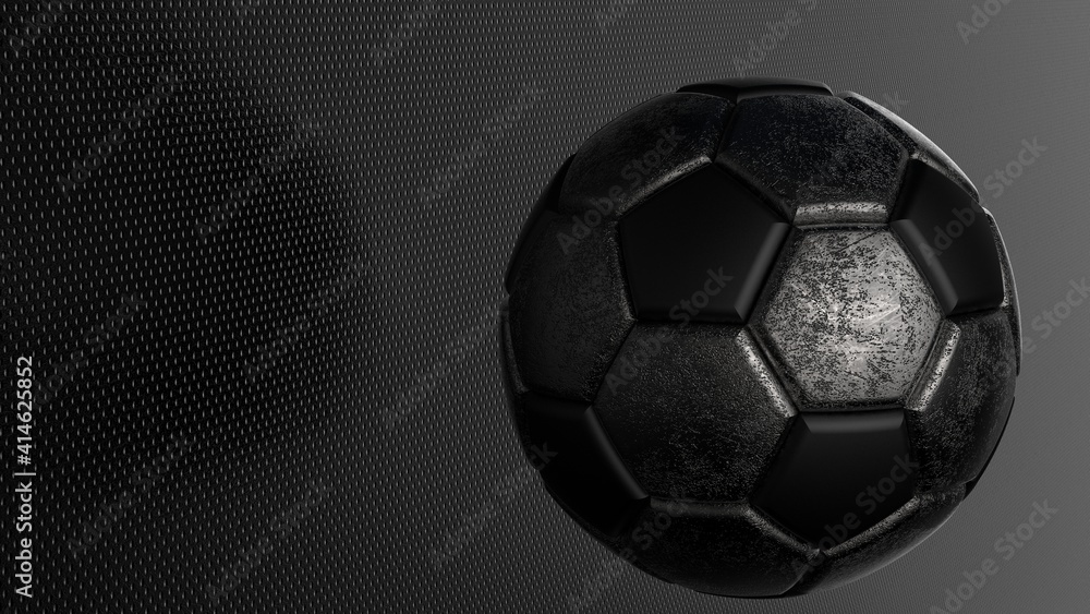 Obraz premium Rusty metallic silver-black soccer ball on spot light. 3D illustration. 3D high quality rendering.