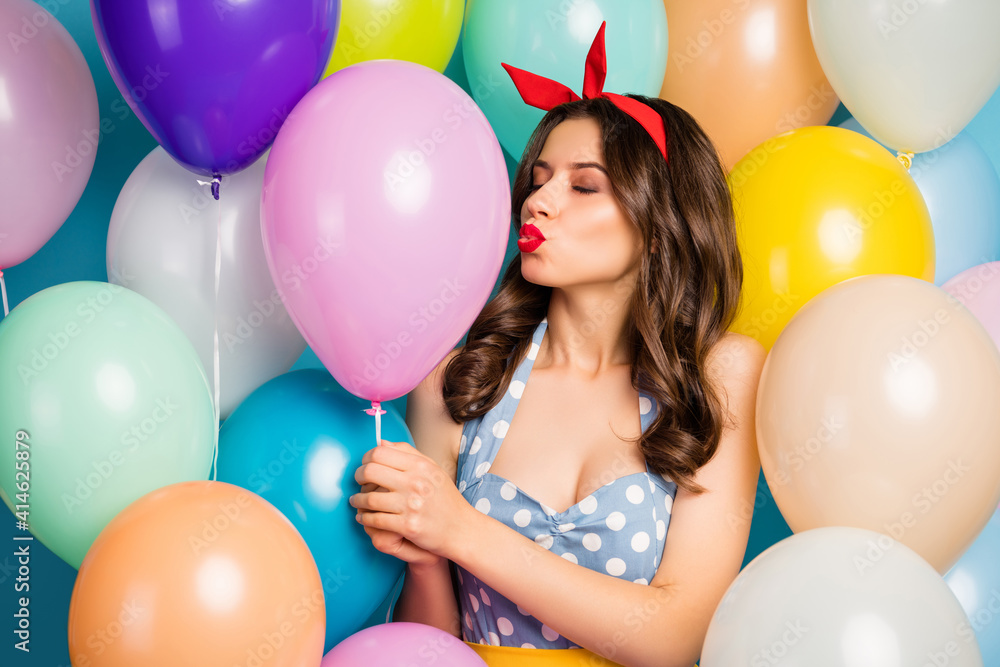 Portrait of charming funky cute pretty lovely girl hold pink air helium ball kiss imagine idea it her ideal boyfriend wear retro style skirt over baloons background