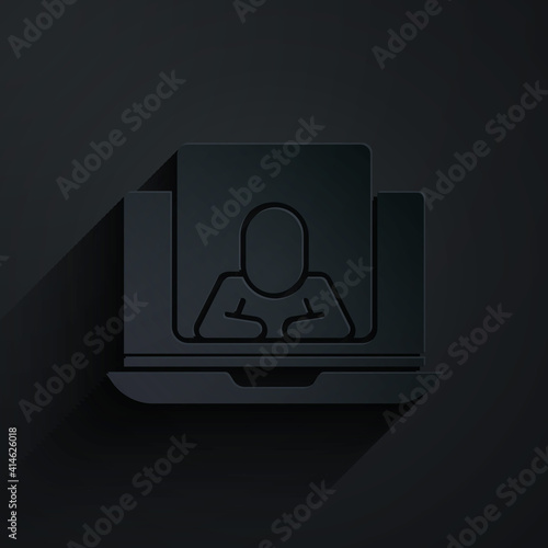 Paper cut Online psychological counseling distance icon isolated on black background. Psychotherapy, psychological help, psychiatrist online consulting. Paper art style. Vector.