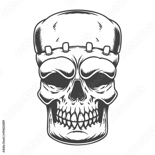 Illustration of the skull of frankenstein monster in engraving style. Design element for poster, card, banner, sign, logo. Vector illustration