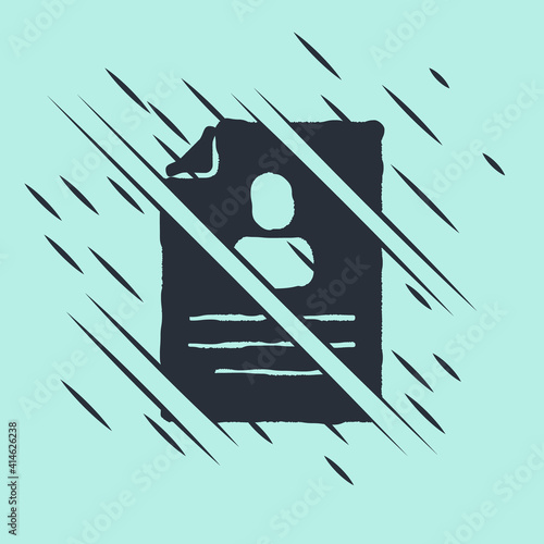 Black Resume icon isolated on green background. CV application. Searching professional staff. Analyzing personnel resume. Glitch style. Vector.