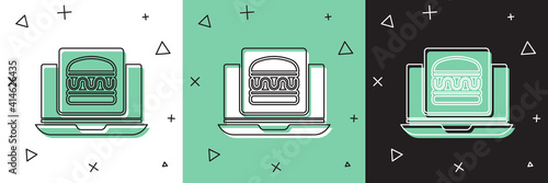 Set Online ordering and burger delivery icon isolated on white and green, black background. Vector.
