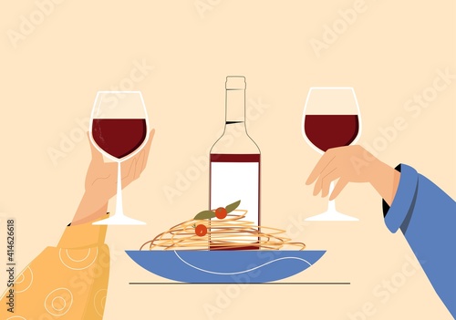 People s hands with wine glasses, pasta plate, wine bottle. Vector illustration in flat style