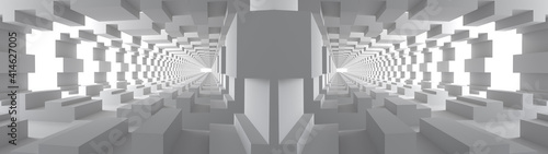 3D rendering of Empty space concrete room and the pathway area indefinitely with the gap and glowing light. Museum space design, the rhythm of the complex square frame and the gap, Geometric structure