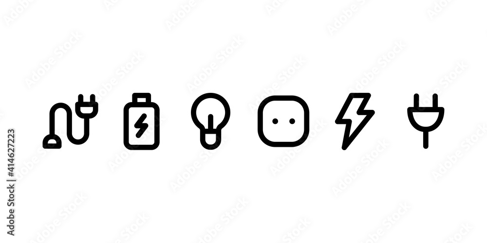 Electricity icon set. Lightbulb, socket, lightning, battery sign in minimalistic outline style. Energy vector illustration Electricity icon set. Lightbulb, socket, lightning, battery sign in minimalistic outline style. Energy vector illustration