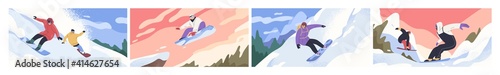 Set of scenes of snowboarders riding boards at snowy mountainsides or slopes. People in winter outfit sliding and jumping with snowboards. Outdoor sports activity. Colorful flat vector illustration