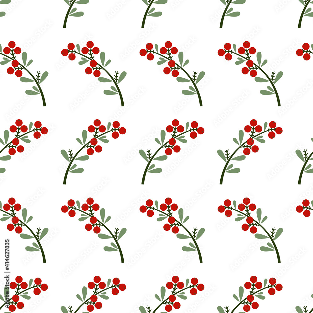Seamless pattern of red berries on branches, white background color. For the design of greeting cards, wallpaper, holiday wrapping paper, shop advertisements, bags, covers, textile fabric, notebooks Seamless pattern of red berries on branches, white background color. For the design of greeting cards, wallpaper, holiday wrapping paper, shop advertisements, bags, covers, textile fabric, notebooks