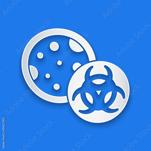 Paper cut GMO icon isolated on blue background. Genetically modified organism acronym. Dna food modification. Paper art style. Vector.
