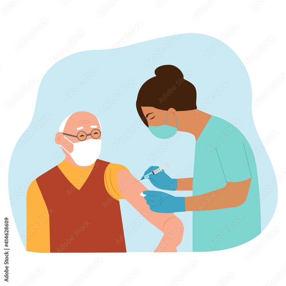 Obraz premium Vaccine elderly. Doctor holds an injection vaccination senior, old man. Vaccination concept. Vector illustration.