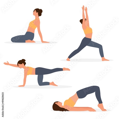 Set of Yoga poses for women. Vector illustration on white background. Woman in different poses, asanas