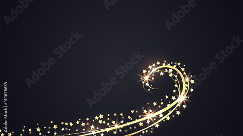 Gold sparkling swirl with gold stars on black background