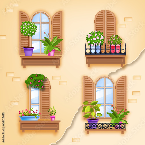 Old window wooden vector frames illustration, house brick wall, shutters, casements, glass, forged balconies. Italian, French retro architecture town facade postcard. Vintage old windows, home plants