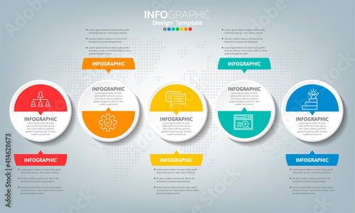 Timeline infographic template with arrows and 5 options flat design