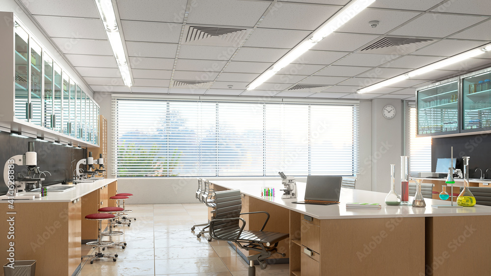Spacious laboratory interior. 3d illustration Spacious laboratory interior. 3d illustration