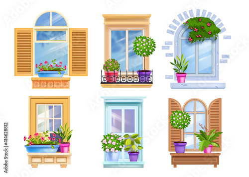 Vintage old window frame set isolated on white. Italian, French architecture exterior house elements. Home plants, glass, shutters, flowerpots. Vintage Provence town facade window collection, roses