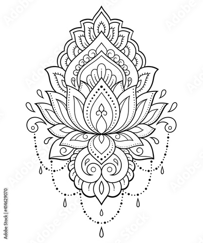 Lotus mehndi flower pattern for Henna drawing and tattoo. Decoration in oriental, Indian style. Doodle ornament. Outline hand draw vector illustration.