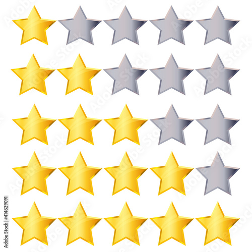 Golden rating stars set isolated on white background. Gold and silver star collection to  rank hotel  restaurant  product. Vector eps10 illustration