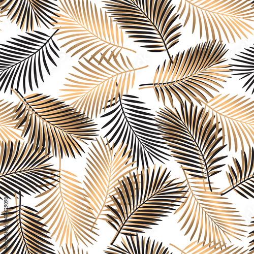 Modern seamless pattern with gold and black tropical leaves for textile, wallpapers, gift wrap and scrapbook. Vector illustration.