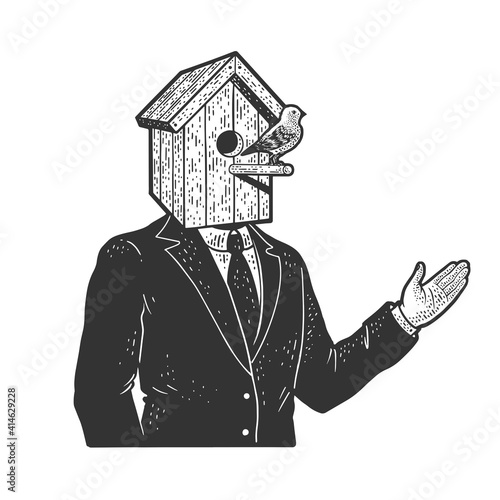 businessman with birdhouse head sketch engraving vector illustration. T-shirt apparel print design. Scratch board imitation. Black and white hand drawn image.