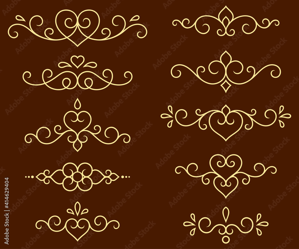 Calligraphic decorative dividers. Set of retro text design elements. Curls, frames, swirl, flourishes, scrolls for the design of letter, postcard, diploma, books and other texts. Vector illustration. Calligraphic decorative dividers. Set of retro text design elements. Curls, frames, swirl, flourishes, scrolls for the design of letter, postcard, diploma, books and other texts. Vector illustration.