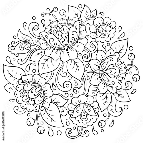 Outline round flower pattern in mehndi style for coloring book page. Antistress for adults and children. Doodle ornament in black and white. Hand draw vector illustration.