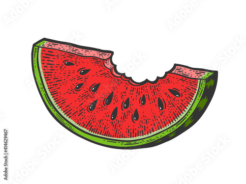 bitten slice of watermelon color sketch engraving vector illustration. T-shirt apparel print design. Scratch board imitation. Black and white hand drawn image.
