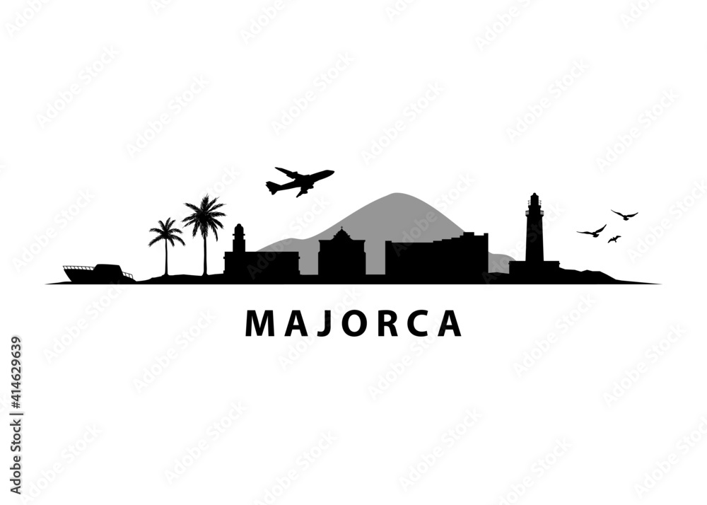 Majorca Spanish Tropical Island Landscape | Black Vector Graphic Silhouette