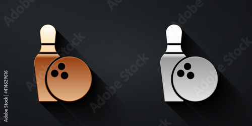 Gold and silver Bowling pin and ball icon isolated on black background. Sport equipment. Long shadow style. Vector.