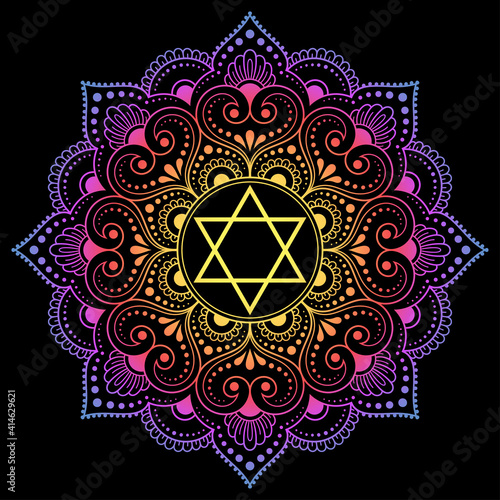 Circular pattern in form of mandala with flower and star of David for Henna, Mehndi, tattoo, decoration. Decorative ornament in ethnic oriental style. Rainbow pattern on black background.