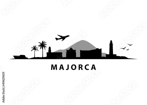 Majorca Spanish Tropical Island Landscape | Black Vector Graphic Silhouette	