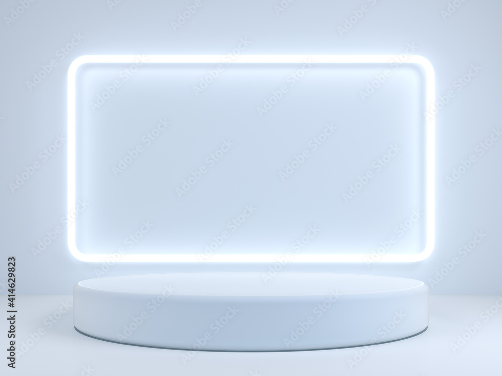 Empty podium for products display and neon light frame background. 3d rendering Empty podium for products display and neon light frame background. 3d rendering