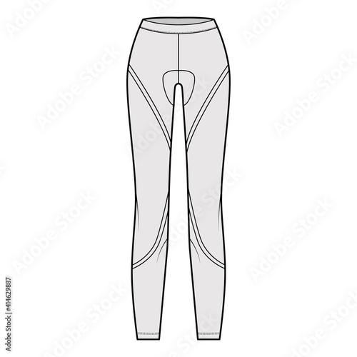 Cycling pants Leggings technical fashion illustration with low waist, rise, full length. Flat sport training, casual bottom knit trousers apparel template front grey color. Women men unisex CAD mockup