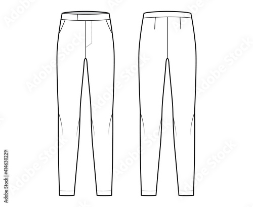 Pants cigarette technical fashion illustration with extended low waist, rise, full length, slant slashed pockets. Flat trousers apparel template front, back, white color. Women men unisex CAD mockup