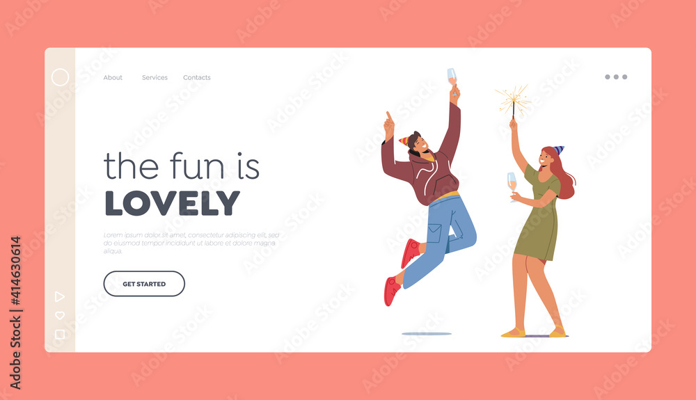 Celebration Landing Page Template. People in Festive Hats with Wine Glasses and Sparklers in Hands Celebrating Holiday Celebration Landing Page Template. People in Festive Hats with Wine Glasses and Sparklers in Hands Celebrating Holiday