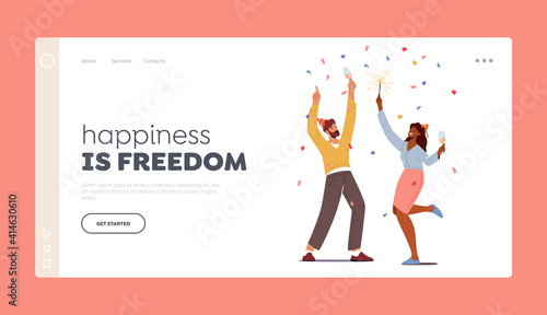 Party Celebration Landing Page Template. Cheerful Characters in Festive Hats with Wine Glasses and Sparklers Celebrating