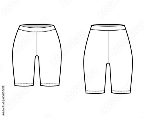 Set of Bike shorts technical fashion illustration with normal, low waist, high rise, thigh length. Flat sport pants, casual knit trousers apparel template front, white color. Women men CAD mockup