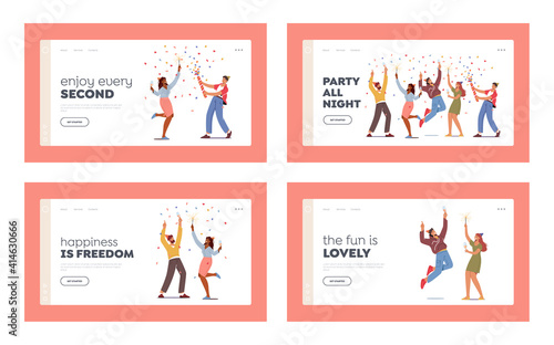 Festive Event Landing Page Template Set. Young Characters Hold Wine Glasses and Sparklers Celebrating Holiday, Drink
