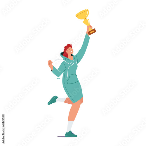 Successful Businesswoman in Casual Dress Jump with Golden Goblet in Hand Celebrating Victory in Competition