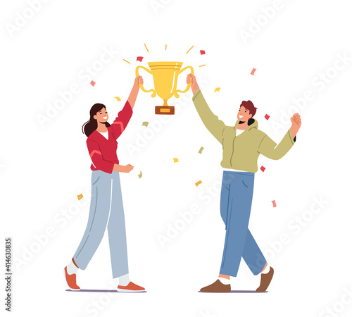 Successful Businessman and Businesswoman Holding Huge Golden Goblet in Hands Business Goal Achievement