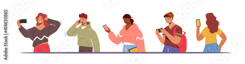 Youth Characters with Phones, Teens Smartphone Communication Concept. Young Men and Women Holding Mobiles, Chatting