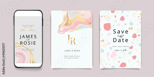 Luxury Pink Social Media, mobile  Wedding invite frame templates. Vector background. Invitation mobile Floral with golden collage layout design.