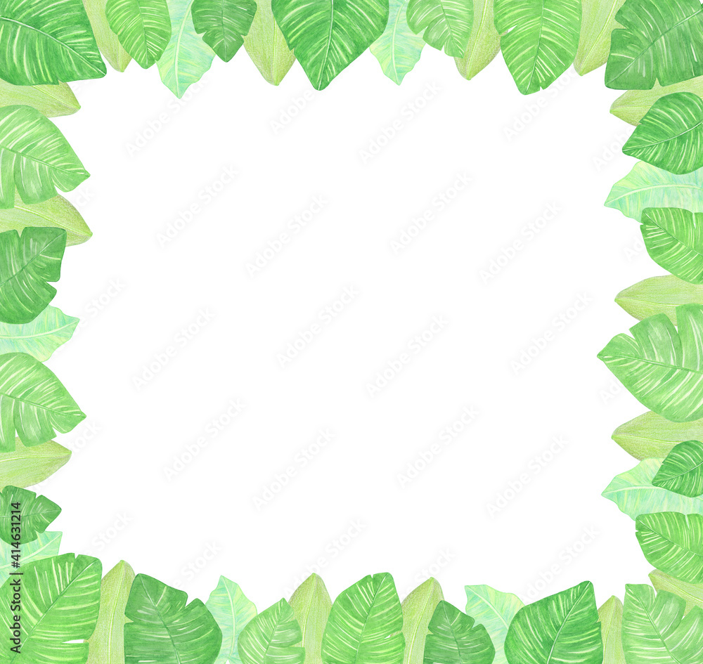 Naklejka premium Watercolor square frame of tropical leaves. A background for invitations, advertising, postcards.