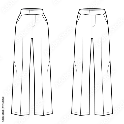 Set of Pants tailored technical fashion illustration with extended normal low waist, high rise, full length. Flat casual bottom trousers apparel template front white color. Women men unisex CAD mockup