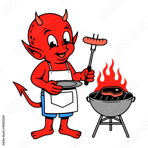 DEVIL BOY IS GRILLING MEAT COLOR WHITE BACKGROUND