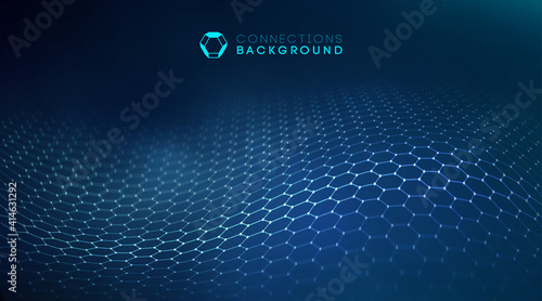Network connection concept black background vector illustration. Futuristic hexagon perspective wide angle lanscape. Futuristic honeycomb concept. 3d landscape. Big data digital background.